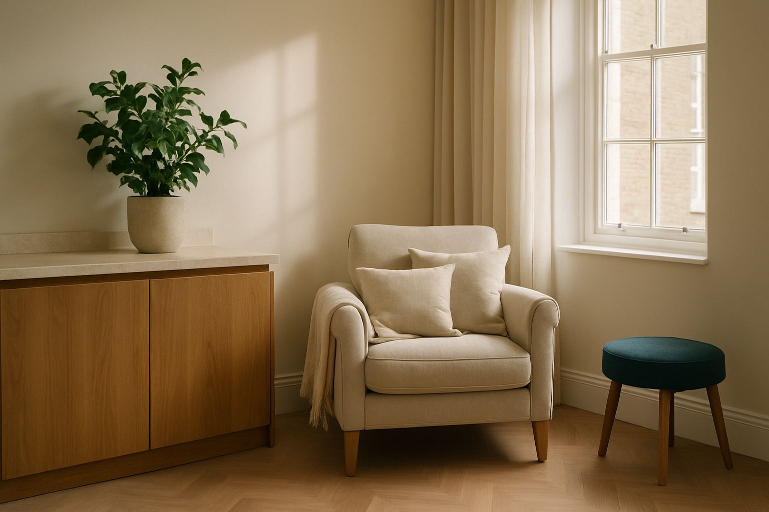 Treatment room at a cosmetic skin clinic in London, natural daylight